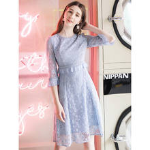 Summer new ladies round neck French bellflower dress temperament lace dress solid color three-quarter sleeves 2024 - buy cheap