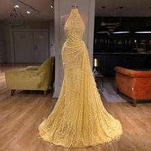 Yellow Evening Dresses Long High Neck Sparkly Feather Luxury Bling Evening Gown Formal Prom Dress Mermaid Sleeveless vestidos 2024 - buy cheap