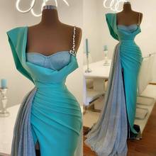 3 peças azul do aqua vestido de noite lindo longo robe de soiree abiye cintas cristais vestidos de noite removíveis fenda vestidos de baile 2024 - compre barato