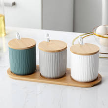 New Nordic Ceramic Spices Jars Set Wood Lid Kitchen Storage Bottle Sugar Tea Coffee Organizer Jar With Wood Tray Honey Salt Bin 2024 - buy cheap