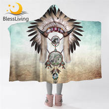 BlessLiving Wolf Dreamcatcher Hooded Blanket Tribal Feather Sherpa Fleece Throw Blanket Gray Teal Wearable Blanket 2024 - buy cheap