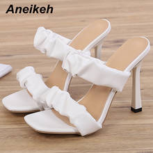 Aneikeh Women Shoes Summer Stiletto Heels Square Toe PU Slides Outside Pleated Adult Black Size 35-42 New Fashion 2022 Office 2024 - buy cheap