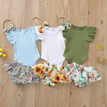 0-24m bonito bebê recém-nascido menina voar manga cor sólida algodão bodysuit topos floral rodapé shorts bandana 3 peças conjunto de roupas 2024 - compre barato