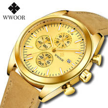 WWOOR 2021 новые спортивные часы с хронографом для мужчин роскошные золотые кожаные кварцевые модные часы водонепроницаемые наручные часы Мужские часы 2024 - купить недорого