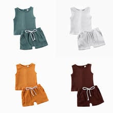 Fashion Toddler Baby Girls Solid Cotton Sleeveless Button-Down Tops +Short Pants Summer 2PCS Outfits 2024 - buy cheap