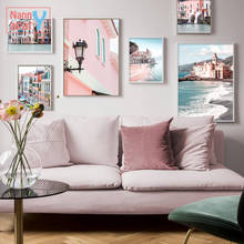 Decoración del hogar, arte de pared, pintura en lienzo, póster nórdico, edificio rosa, paisaje de playa, carteles e impresiones, imágenes de pared para sala de estar 2024 - compra barato