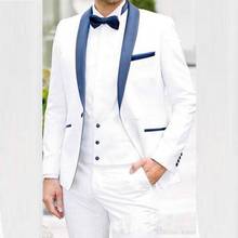 Мужские костюмы, белые смокинги для жениха, шаль, темно-синие мужские костюмы с лацканами, свадебные костюмы для лучшего мужчины, жениха (пиджак + брюки + жилет) 2024 - купить недорого