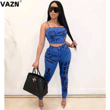 VAZN 2020 Sexy Fresh Clear Jean Bandage Two Piece Set Button 2 Piece Set Women Sleeveless Top And Pant Autumn Sets 2024 - buy cheap
