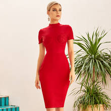 Vestido feminino vermelho manga curta, frete grátis para mulheres, de malha elástica, da moda, celebridade, coquetel, festa, 2021 2024 - compre barato