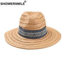 Женская соломенная шляпа SHOWERSMILE ручной работы, мужская фетровая шляпа цвета хаки, этническая дышащая уличная УФ-защита, шляпа для защиты от солнца в стиле джаз, унисекс 2024 - купить недорого