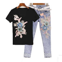 2 Pcs Summer Suits Stylish Embroidery 3D Flower Short Sleeved Tshirt & Heavy Work Jean Rippered Hole Denim Pants Sets 2020 2024 - buy cheap