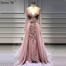 Serene hill elegante sexy rosa com decote em v mangas compridas vestido de noite 2021 sereia com trem formal vestido de festa vestido cla6571 2024 - compre barato