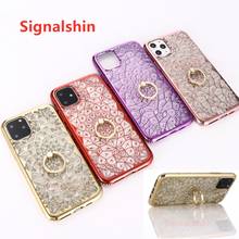 Signalshin-funda de teléfono tallada con anillo para iPhone, carcasa plateada con textura de diamante brillante para iPhone SE XR XS 11 12Mini Pro MAX 7 8Plus 2024 - compra barato