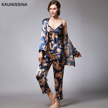 Women 3 Pieces Silk Pajamas Sets Sexy Pajamas Kimono Robe Printed Sleepwear Kit Female Nightwear Satin Loungewear Summer Spring 2024 - buy cheap