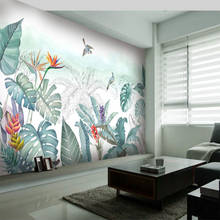Custom Self Adhesive wallpaper Nordic hand-painted small fresh tropical plants flowers and birds TV sofa background 3d murals 2024 - buy cheap