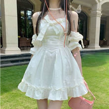 2021 White Kawaii Fairy Strap Dress Women Bow Ruffle Sweet Cute Princess Sundress Patchwork Off Shoulder Sexy Party Mini Dresses 2024 - buy cheap