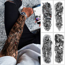 Tatuaje de manga de brazo grande para hombres, pegatina de tatuaje temporal impermeable de Calavera, Rey, leopardo salvaje, Guerrero, soldado 2024 - compra barato