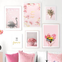 Arte de pared de cisne con flor rosa, cuadro en lienzo, carteles nórdicos e impresiones, imágenes de pared de plantas para decoración de sala de estar 2024 - compra barato