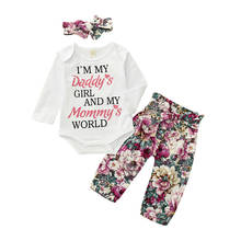 Комплект одежды для новорожденных девочек 0-18 месяцев, топы с длинными рукавами, комбинезон, штаны с цветочным принтом, повязка на голову, комплект из 3 предметов 2024 - купить недорого