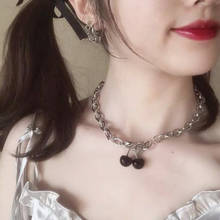 Colar pingente de cereja preta, colar feminino punk prateado com corrente grossa gargantilha estilo harajuku para mulheres 2024 - compre barato