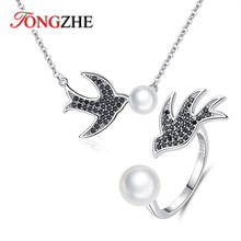 TONGZHE Black Agate Swallows 925 Sterling Silver Cute Open Pearl Bird Necklace Ring Set Party Female Lucky Gifts Jewelry Set 2024 - buy cheap