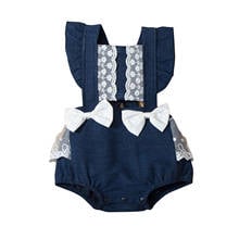 Baby Girls Lace Denim Short Romper with Ruffles Sleeveless Square Collar Jumpsuit with Bow-knot for Summer 2024 - buy cheap