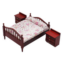 1/12 Dollhouse Miniature Furniture Wood Double Bed Model DIY Ornaments 2024 - buy cheap