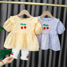 2021 Summer Children Kids Short Sleeve Plaid Print Ruffles Blouse Tops + Cherry Skinny Pants Baby Clothing Sets Girls 2Pcs Suits 2024 - buy cheap