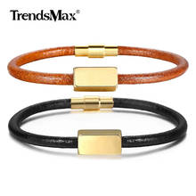 Trendsmax pulseira de couro marrom, preta, simples, magnética, fecho de aço inoxidável, pingente de personalização, joia, presente pz007 2024 - compre barato