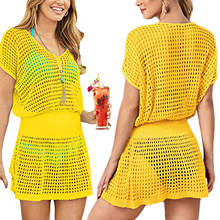 Mini vestido de praia feminino, saída de praia sexy, mangas curtas vazadas, de malha, cor sólida 2024 - compre barato