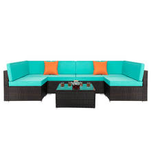 7Pcs Patio Furniture Set Modular Sofa Include 2 Corner Sofa 4 Armless Sofa 1 Coffee Table PE Cane Iron Lake Blue[US-Stock] 2024 - buy cheap