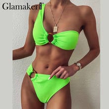 Glamaker neon verde um ombro biquíni preto sexy mulher banho beachwear push up alta corte maiô feminino banhistas 2024 - compre barato