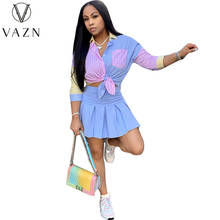 VAZN 2021 Hot Popular Patchwork Plaid Elegant Young Daily Chiffon Shirt Top High Waist Pleated Mini Skirts Women 2 Piece Set 2024 - buy cheap