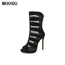 Mkkhou moda sandálias botas femininas novo verão sexy malha costura boca de peixe salto fino 12 cm salto alto tamanho grande 28-52 2024 - compre barato