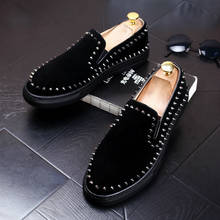mens leisure party banquet wear black cow suede leather shoes breathable slip on lazy driving shoe flat platform rivets loafers 2024 - buy cheap