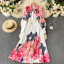 Женское плиссированное платье в стиле ретро, длинное платье-трапеция с цветочным принтом и бантом на воротнике, платье для отпуска в богемном стиле, весна-осень 2021 2024 - купить недорого
