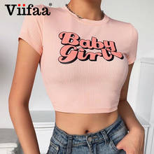 Viifaa-Top corto de verano con estampado de letras para mujer, camisetas de manga corta con cuello redondo, camisetas informales ajustadas sexys 2024 - compra barato