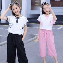 Teenager Girls Summer Clothes Sets For Kids Wear 4 6 8 10 12 14 Year Teenage Girls Clothing Set Frill Top + Wide Pants 2PCS Set 2024 - buy cheap