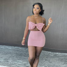 Women's Solid Color Skirt Sets Ribbed Two Pieces Big Bowknot Bustier Strap Crop Tops with High Waist Mini Skirt Summer Party 4XL 2024 - buy cheap