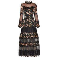 Черное подиумное модное весеннее платье Midid 2021, высококачественное дизайнерское Сетчатое платье с длинным рукавом и цветочным принтом, с оборками 2024 - купить недорого