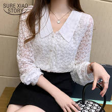 Blusa feminina renda crochê bordado floral, camiseta manga comprida gola boneca lapela 2024 - compre barato