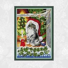 Joy sunday Christmas kitten Printed Cross Stitch 11CT 14CT DIY Embroidery Thread Home Decor Needlework Sets Cross Stitch Kits 2024 - buy cheap