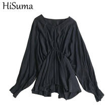 HISUMA-Blusa de gasa con manga acampanada para mujer, camisa con cuello en V, volantes, cintura ajustada elástica, plisado, para fiesta, Tops Chic de otoño 2024 - compra barato