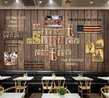 beibehang Customized wallpaper 3D personality European and American style wood board English alphabet bar coffee shop background 2024 - buy cheap