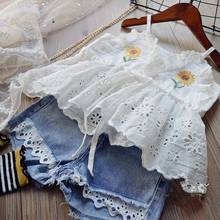 Conjunto de ropa de princesa para niñas, Tops de encaje con tirantes finos, blusa + Pantalones cortos vaqueros lavados, trajes de 2 piezas S12159 2024 - compra barato