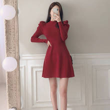 Elegante puff sleeve escritório senhora camisola vestido feminino vestido de festa de malha outono inverno magro a linha casual mini vestido coreano b622 2024 - compre barato