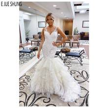 E JUE SHUNG Elegant Mermaid Wedding Dresses V Neck Button Back Cascading Ruffles Appliques Wedding Gowns Robe de Mariage Custom 2024 - buy cheap