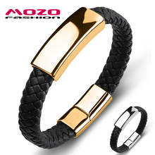 MOZO-pulsera de cuero negro brillante para hombre, brazalete de acero inoxidable, brazalete Punk, 2 colores 2024 - compra barato