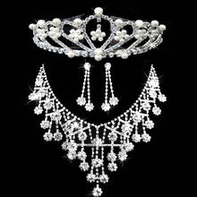 Moda cristal conjuntos de jóias de noiva prata cor pérola geométrica gargantilha colar brincos coroa conjuntos de jóias de casamento 2024 - compre barato