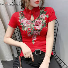 New 2020 Folk T shirt Women Stand Collar Flower Embroidery Diamonds Short Sleeve Ethnic Tops Slim Stretchy Red Black T02813B 2024 - buy cheap